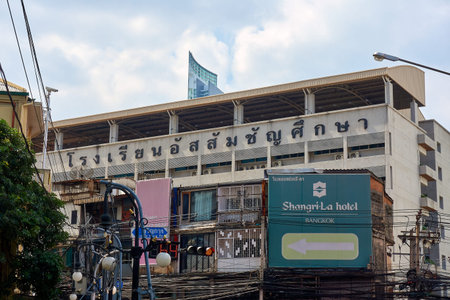 Bang rak  Bangkok Thailand -January 04 2022: Assumption School Bangrak a sign showing the name of...