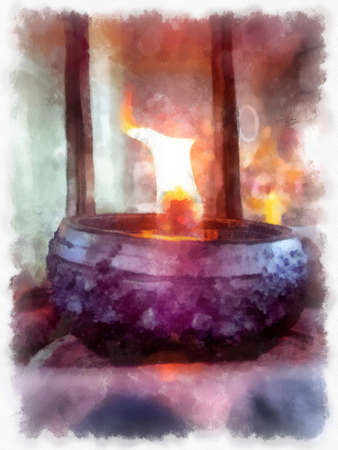 Flames in a cup-shaped oil lamp watercolor style illustration impressionist painting.の写真素材