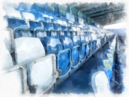 Blue sports seats in the stadium watercolor style illustration impressionist painting.の写真素材