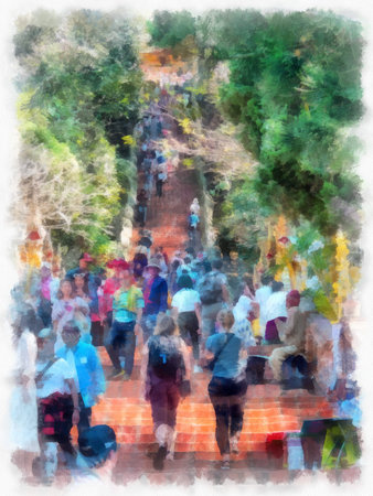 Landscape of the way up to Doi Phra That Doi Suthep Mountain in Chiang Mai Thailand watercolor style...