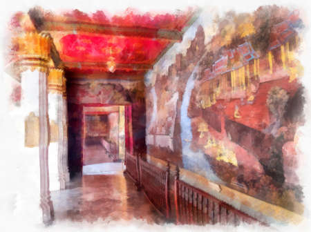 Landscape of the Grand Palace ancient Thai architecture in Bangkok Thailand watercolor style illustration impressionist painting.の写真素材