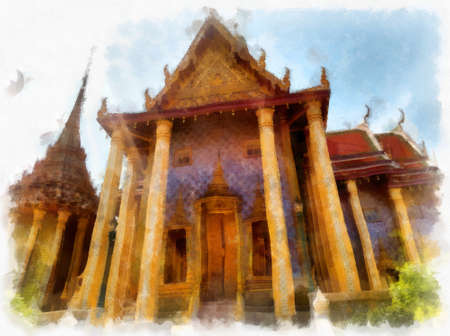 Landscape of the Grand Palace ancient Thai architecture in Bangkok Thailand watercolor style illustration impressionist painting.の写真素材