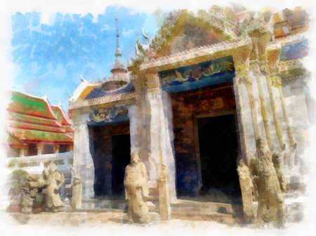 Landscape of the Grand Palace ancient Thai architecture in Bangkok Thailand watercolor style illustration impressionist painting.の写真素材