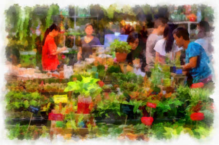 Many colorful plants and flowers in the plant shop watercolor style illustration impressionist painting.の写真素材