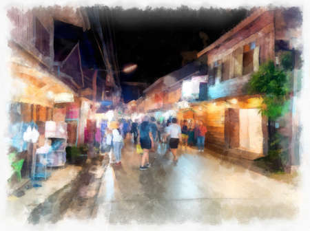 Landscape of the Night Market at Chiang Khan District Loei Province, Thailand watercolor style illustration impressionist painting.の写真素材