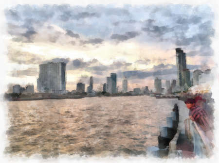 landscape of the Chao Phraya River, Bangkok Thailand watercolor style illustration impressionist painting.の写真素材