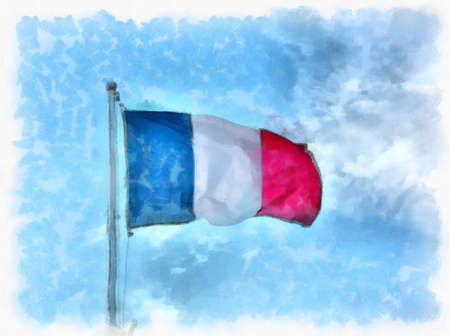 France flag on flagpole on sky background watercolor style illustration impressionist painting.の写真素材