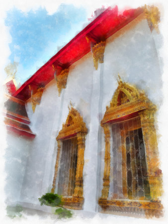 Landscape of Wat Pho in Bangkok Thailand watercolor style illustration impressionist painting.の写真素材