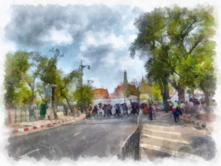 Landscape of streets and ancient buildings around the Grand Palace of Bangkok watercolor style illustration impressionist painting.の写真素材