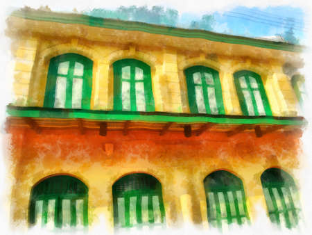 Landscape of ancient buildings in Bangkok Thailand watercolor style illustration impressionist painting.の写真素材