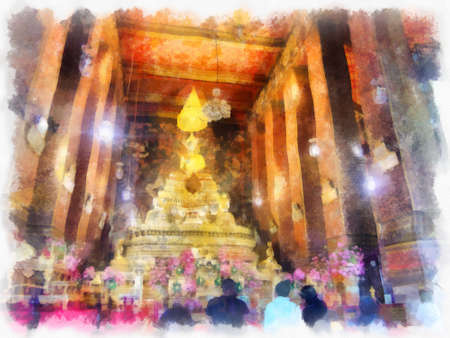 Landscape of Wat Pho in Bangkok Thailand watercolor style illustration impressionist painting.の写真素材