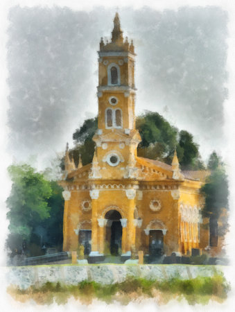 landscape of yellow ancient christ church watercolor style illustration impressionist painting.の写真素材