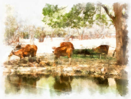 a herd of wild deer drinking water watercolor style illustration impressionist painting.の写真素材