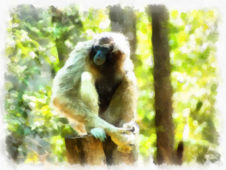 gibbon on a log watercolor style illustration impressionist painting.