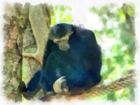 gibbon on a log watercolor style illustration impressionist painting.