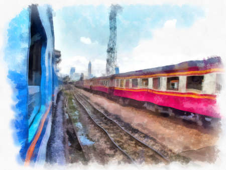 Thai train watercolor style illustration impressionist painting.の写真素材
