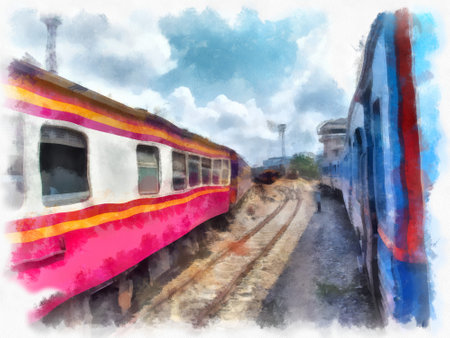 Thai train watercolor style illustration impressionist painting.の写真素材