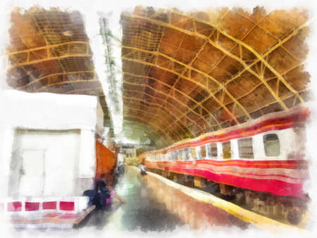 The scenery of the Thai train station watercolor style illustration impressionist painting.の写真素材