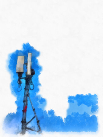 transmission tower watercolor style illustration impressionist painting.