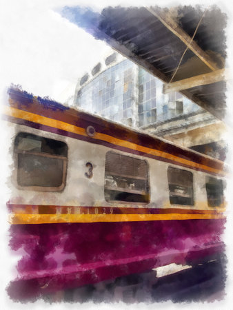 Thai train watercolor style illustration impressionist painting.