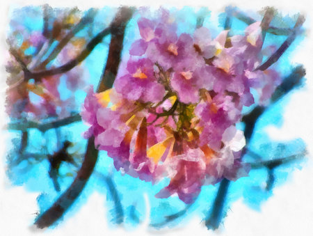 big tree full of pink flowers watercolor style illustration impressionist painting.