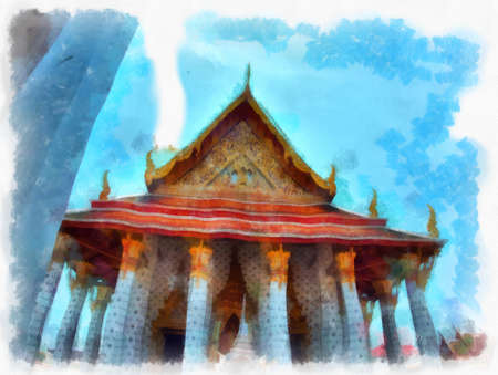 Wat Arun temple ancient Thai architecture in Bangkok watercolor style illustration impressionist painting.の写真素材