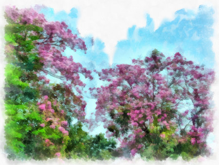 big tree full of pink flowers watercolor style illustration impressionist painting.