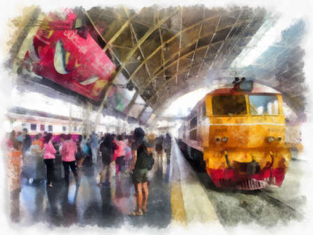 Thai train watercolor style illustration impressionist painting.の写真素材