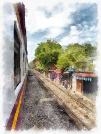 Thai train watercolor style illustration impressionist painting.の写真素材