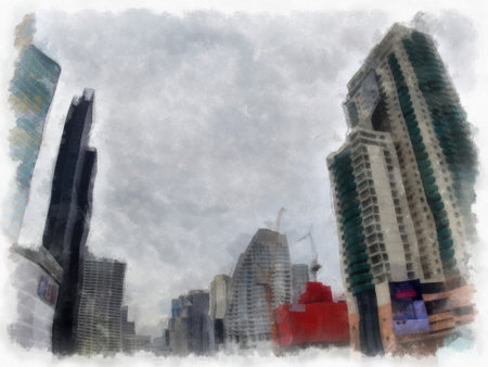 landscape of tall buildings and city streets watercolor style illustration impressionist painting.の写真素材