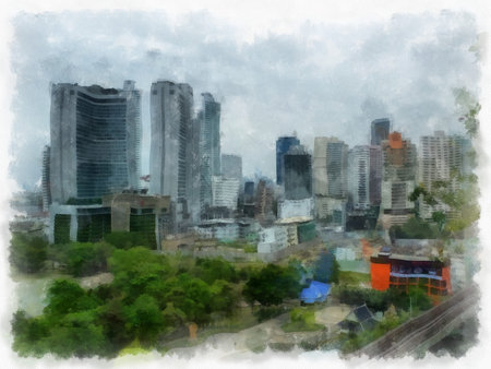 landscape of tall buildings and city streets watercolor style illustration impressionist painting.