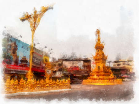 The landscape of the clock tower in the middle of Chiang Rai Thailand watercolor style illustration impressionist painting.の写真素材