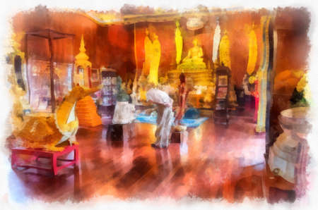 Architectural landscape of ancient temples and ancient art in northern Thailand. Illustrations. Impressionist watercolors.の写真素材