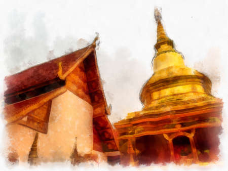 Architectural landscape of ancient temples and ancient art in northern Thailand. Illustrations. Impressionist watercolors.の写真素材