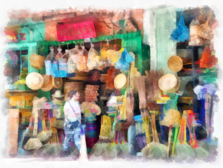 Bamboo wares and bamboo basketry shops watercolor style illustration impressionist painting.の写真素材