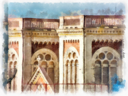 Landscape of ancient architecture and ancient art in Bangkok of Thailand watercolor style...