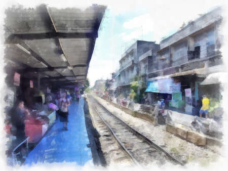 The landscape of ancient shophouses in Bangkok watercolor style illustration impressionist painting.の写真素材