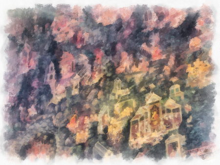 Landscape of ancient architecture and ancient art in Wat Suthat in Bangkok watercolor style illustration impressionist painting.の写真素材
