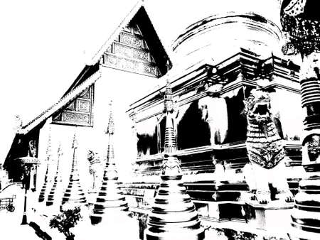 Architectural landscape of ancient temples and ancient art in northern Thailand black and white illustration.の写真素材