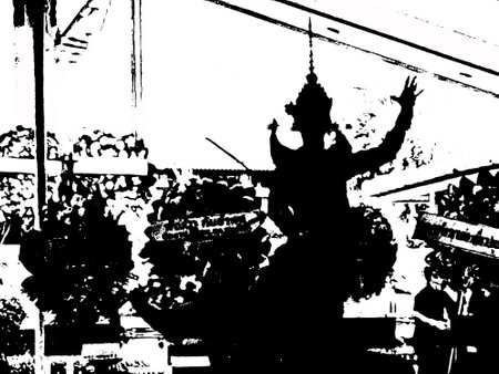 Shadow of a Thai dancer at a funeral black and white illustration.の写真素材