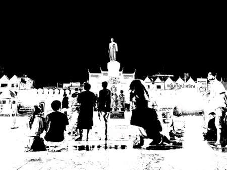 The landscape of monuments in the middle of the city in Thailand black and white illustration.の写真素材