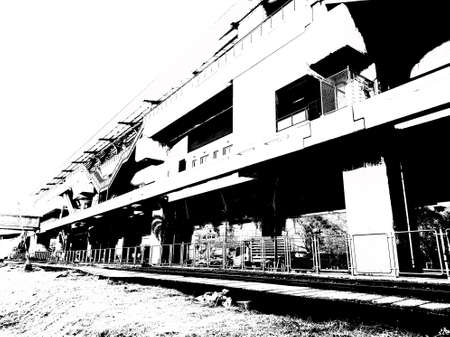 The landscape of the train station and the overpass connecting the train station black and white illustration.の写真素材