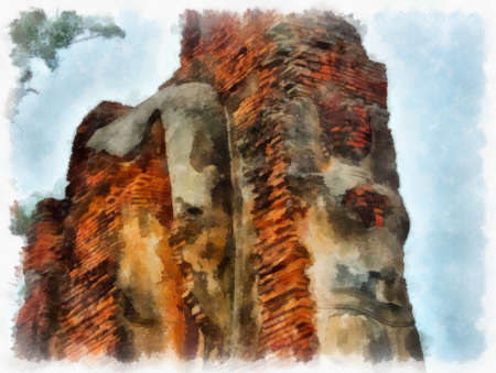 Ancient Ruins in Sukhothai watercolor style illustration impressionist painting.の写真素材