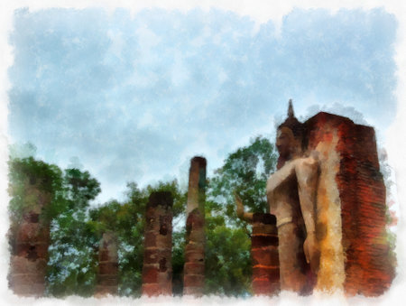Ancient Ruins in Sukhothai watercolor style illustration impressionist painting.の写真素材