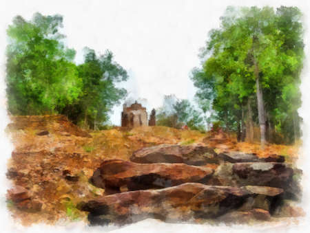 Ancient Ruins in Sukhothai watercolor style illustration impressionist painting.の写真素材