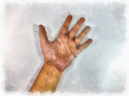 male hands in various ways watercolor style illustration impressionist painting.