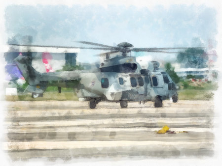 Airplanes displayed at the air show watercolor style illustration impressionist painting.の写真素材