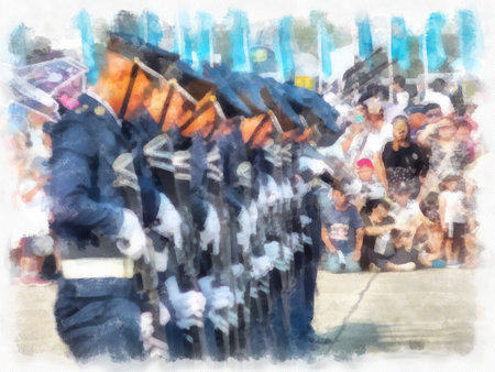 Troops parade in celebration watercolor style illustration impressionist painting.の写真素材