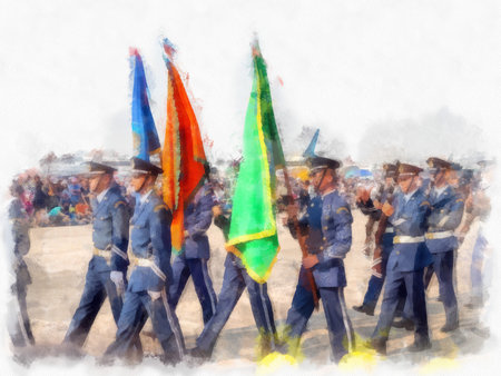 Troops parade in celebration watercolor style illustration impressionist painting.の写真素材