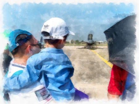 The Viewers performing at the air show air show watercolor style illustration impressionist painting.の写真素材